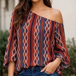 Judith March Blouse Womens Medium Red Stripe One Shoulder Boho Tunic Tribal